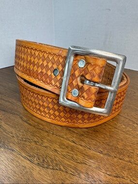 Tooled Basketweave Tan Leather 1.75" Wide Work Belt, Made in Argentina, 45"